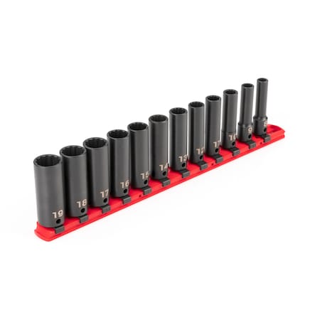 3/8 Inch Drive Deep 12-Point Impact Socket Set With Rail, 12-Piece (8-19 Mm)